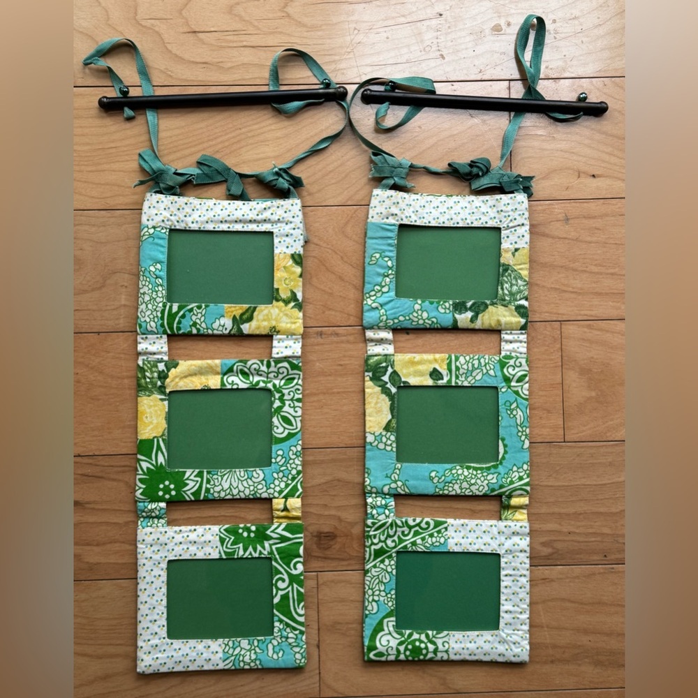 Set of 2 Vertical Fabric Collage Hanging Picture Frames on Ribbon - Wall Display